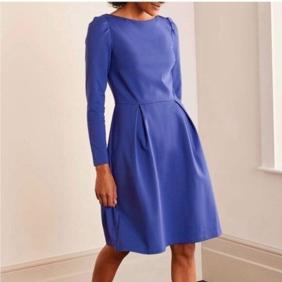 Boden Melanie Ponte Knit A-Line Pleated Long Sleeve Dress 6R Greek Blue J0772 - Picture 2 of 12